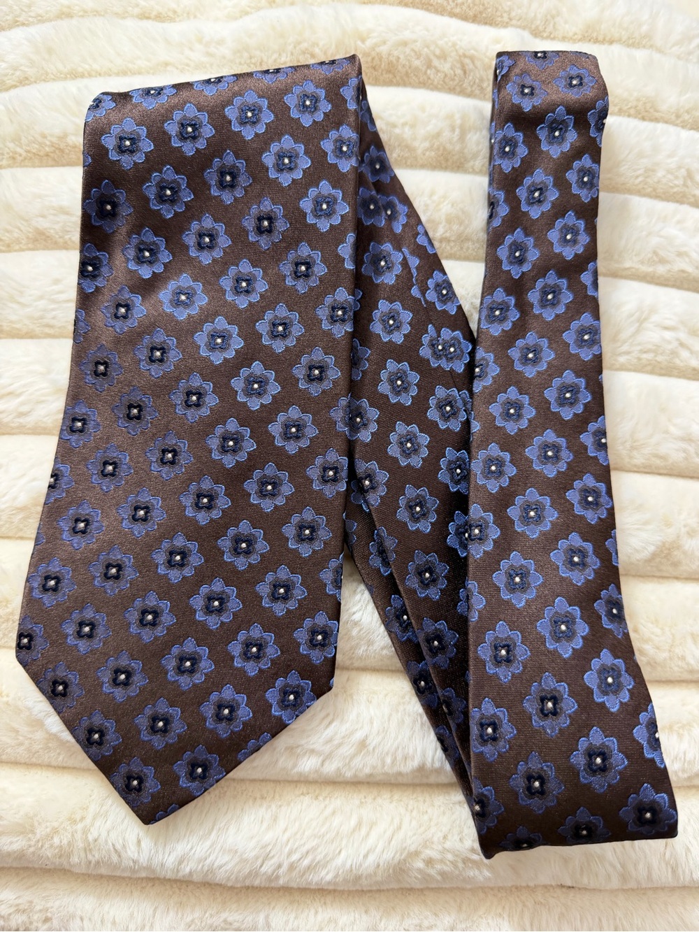 Kiton Brown Silk Tie with Blue Floral Motif